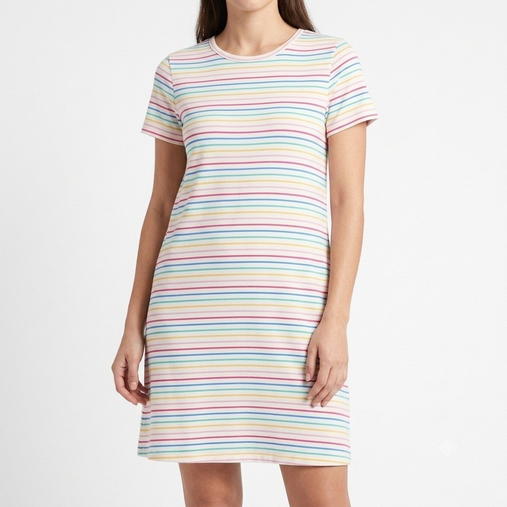 J.Crew Womens Rainbow Stripe Short Sleeve Cotton T-Shirt Dress White M AO353